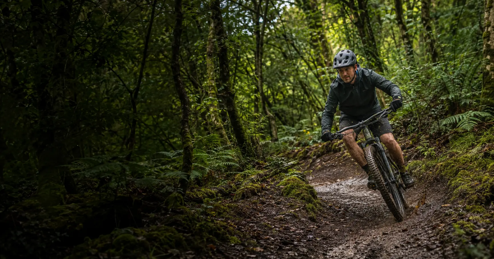 A helmeted mountain biker riding British woodland singletrack